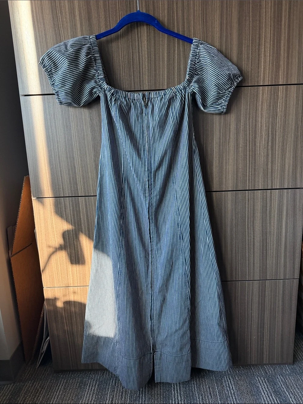 Apiece Apart Blue and White Striped Puff-Sleeve Denim Dress